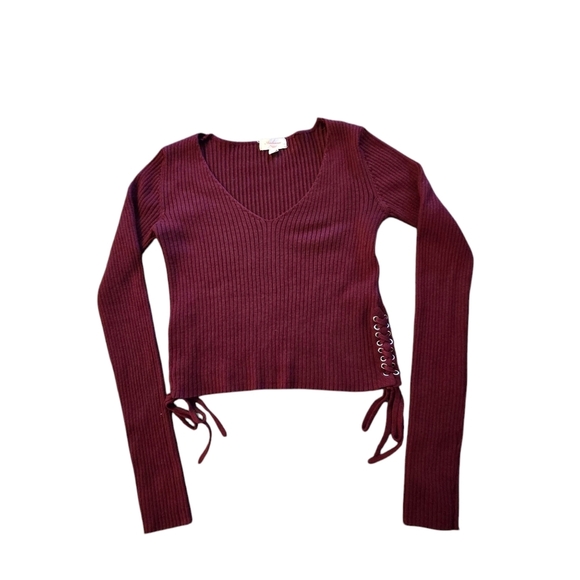 Ambience Burgundy Ribbed Crop Top Women’s M Long Sleeve Side Grommets & Ties - Picture 6 of 12